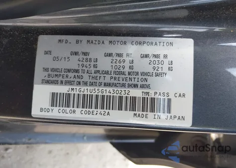 2016 Mazda Mazda6 I Sport из США, поврежденный, VIN JM1GJ1U55G1430232